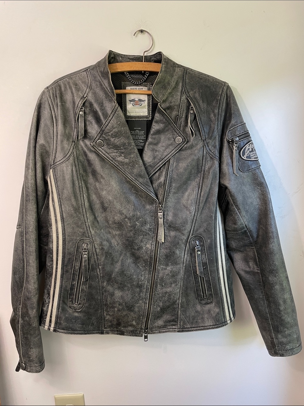 VTG Harley-Davidson Women's Leather Distressed Gray Riding Jacket Size L